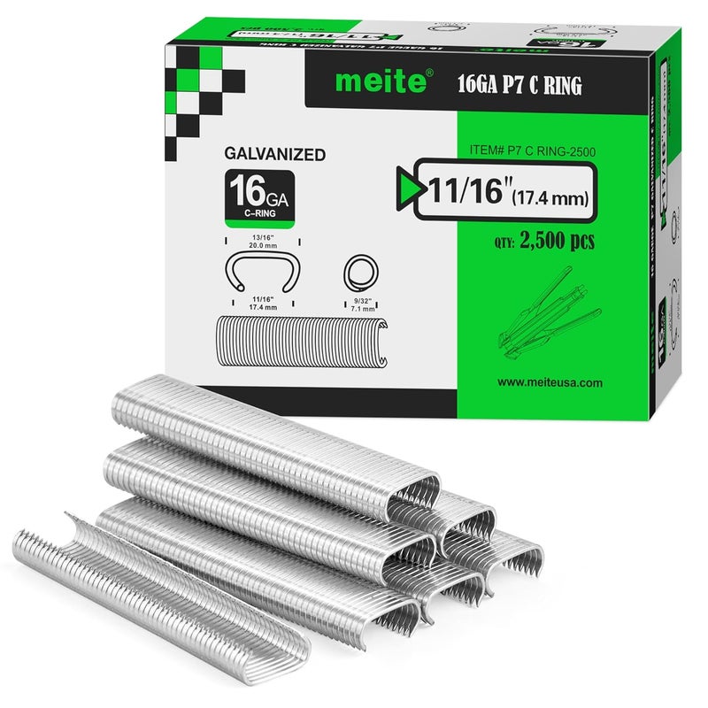 Meite Hog Rings, 16 Gauge 11/16" Crown P7 Galvanized Hog Ring Staples for Fabric, Fence/Case, Wreaths/Ornments, Bag Closing, Net Binding (2,500 Counts) - Image 1